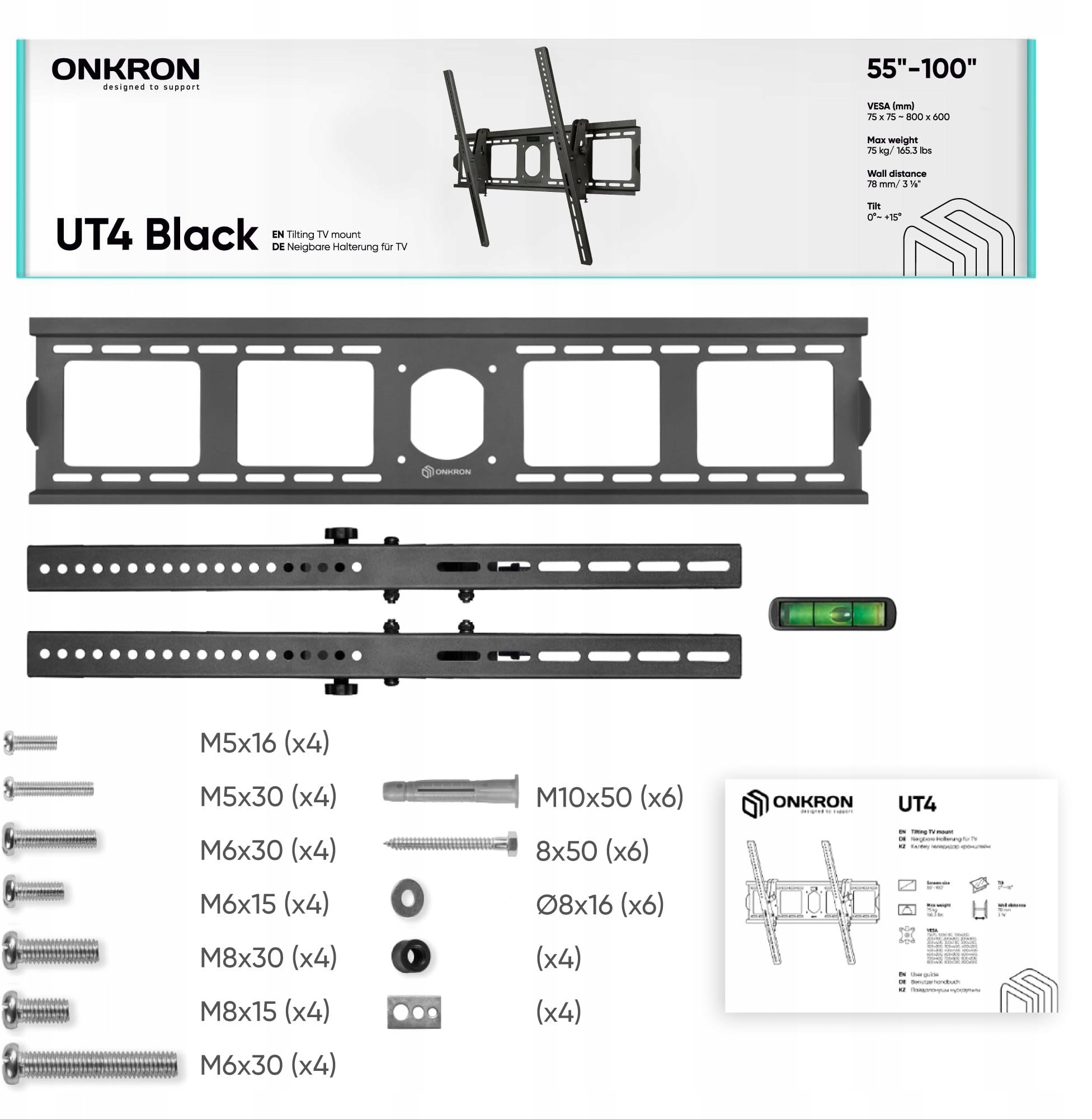 Mbajtëse muri për TV Onkron UT4-B, 55-100", 75kg, e zezë