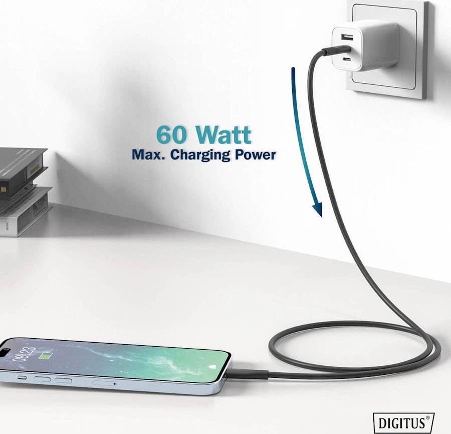 Kabllo Digitus USB C, silikon, 1m, e zezë