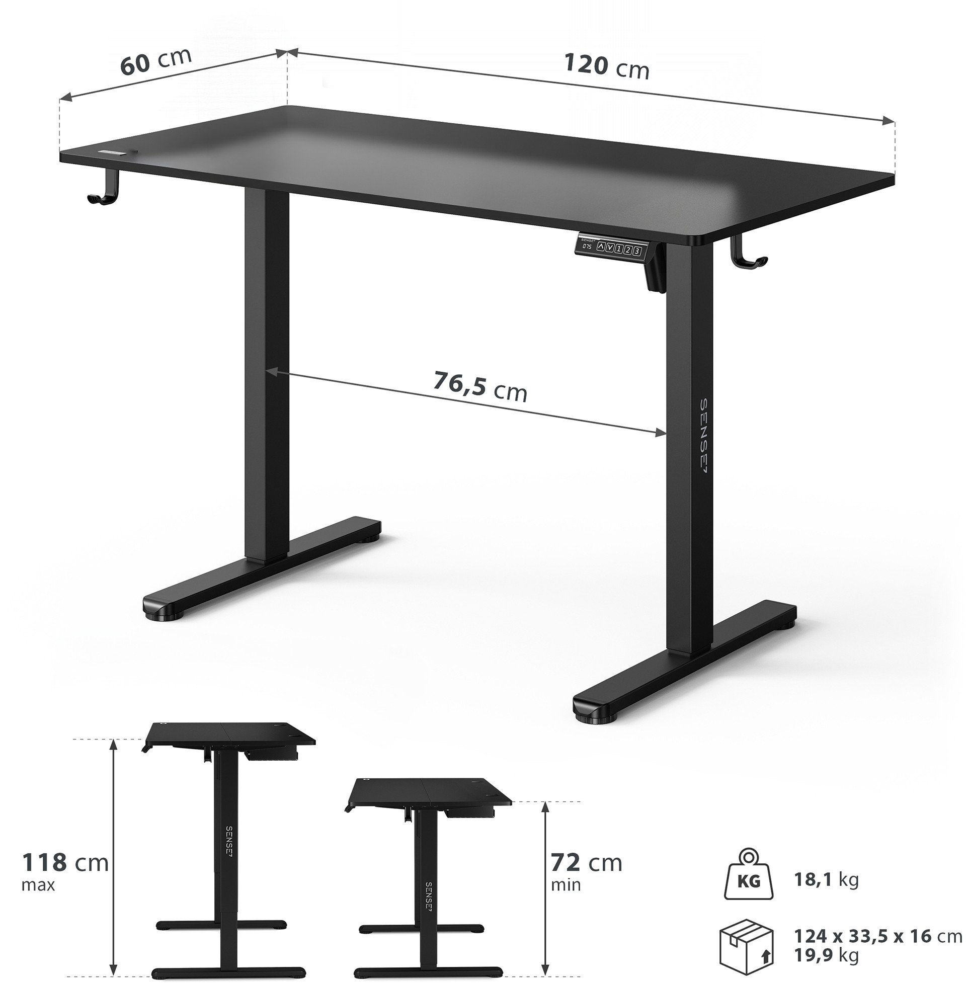 Tavolinë elektrike SENSE7 NOJO LIGHT, 120 x 60 cm, e zezë