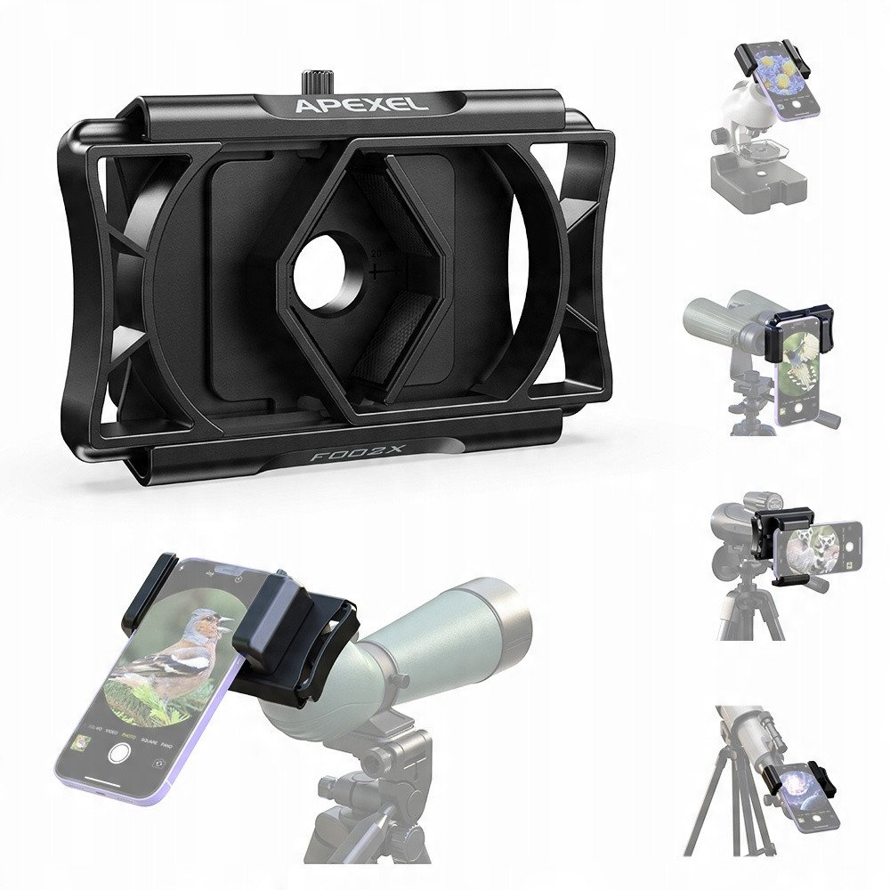 Adapter telefoni Apexel, për dylbi dhe teleskop, rrotullim 360°, i zi