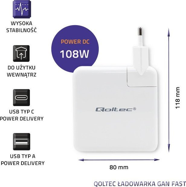 Karikues USB Qoltec GaN FAST 108W, 1x USB C, 1x USB A, i bardhë