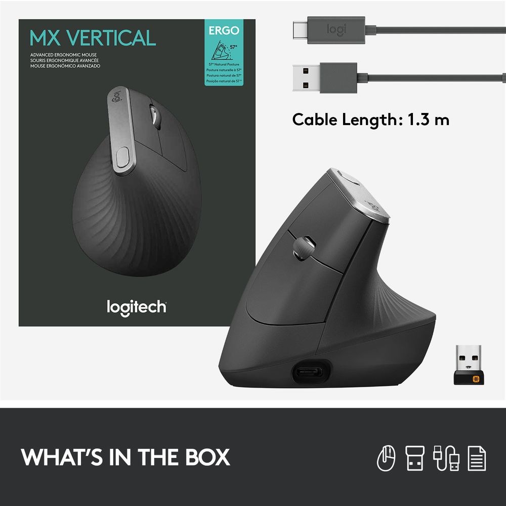 [OUTLET] Logitech MX Vertical Mouse, RF Wireless+Bluetooth, ергономски, сив