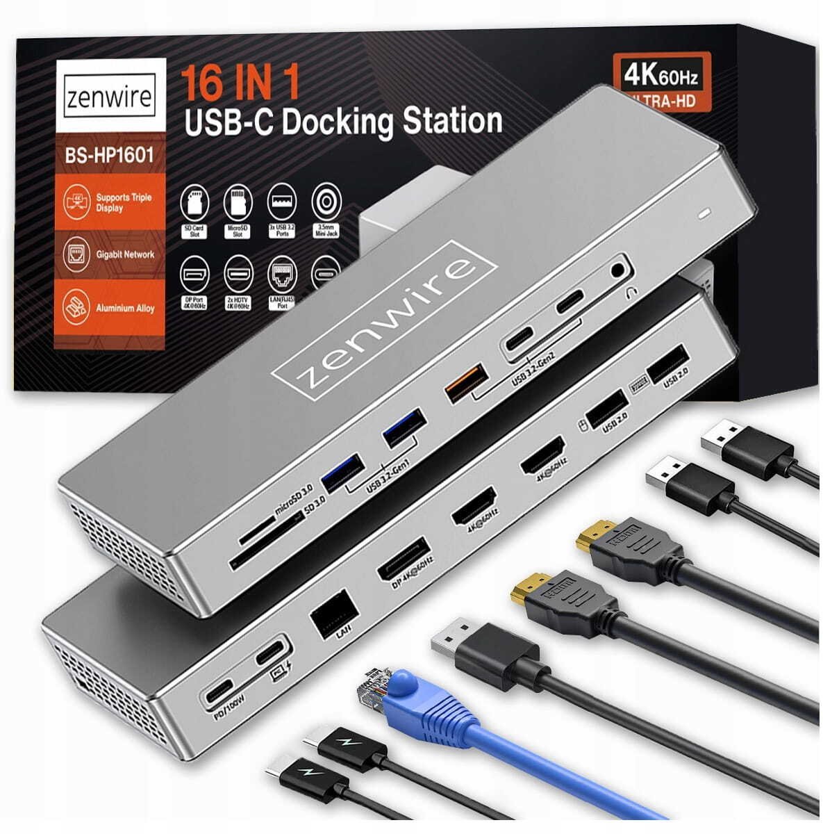 Doking stacion USB C Zenwire BS-HD1601, 16 në 1, 2x HDMI 4K 60Hz, DisplayPort 1.4, gri
