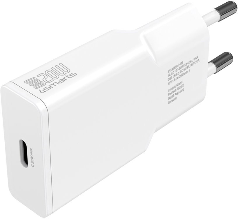 Karikues USB 4smarts PDPlug Slim 20W GaN, 1x USB-C, me kabllo USB-C në Lightning, i bardhë