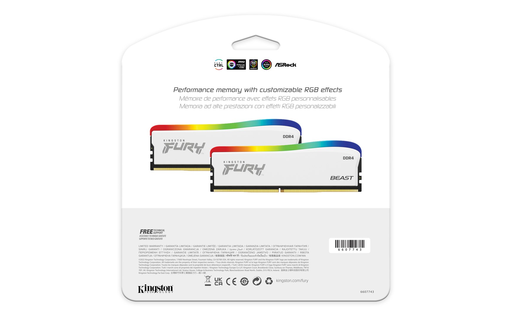 Memorie RAM Kingston Fury Beast RGB, DDR4, 16GB, 3200 MHz, CL16, e bardhë