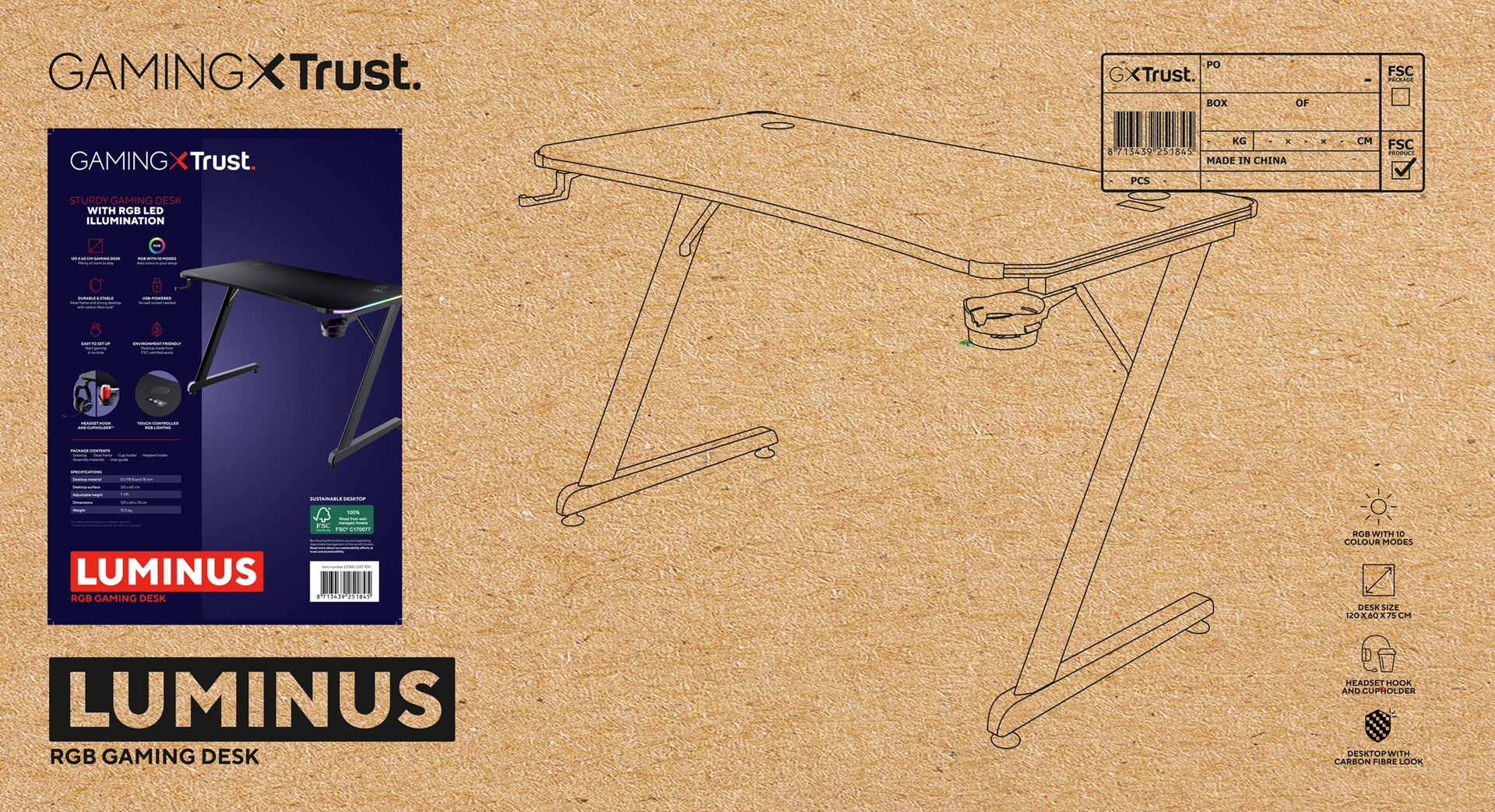 Tavolinë lojërash TRUST GXT 709 Luminus, 1200mm, e zezë