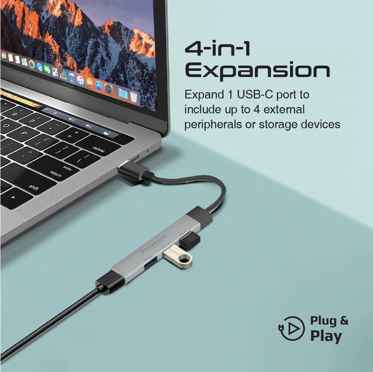 USB хаб ProMate LiteHub-4i, 4 во 1, USB-C во 4x USB-A, сребрена боја