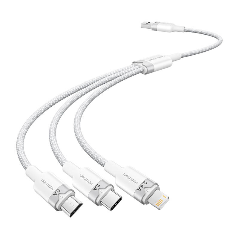 Kabllo karikimi Vention 3 në 1, USB 2.0 në USB C Lightning Micro USB, 1.5m, 3A, e bardhë