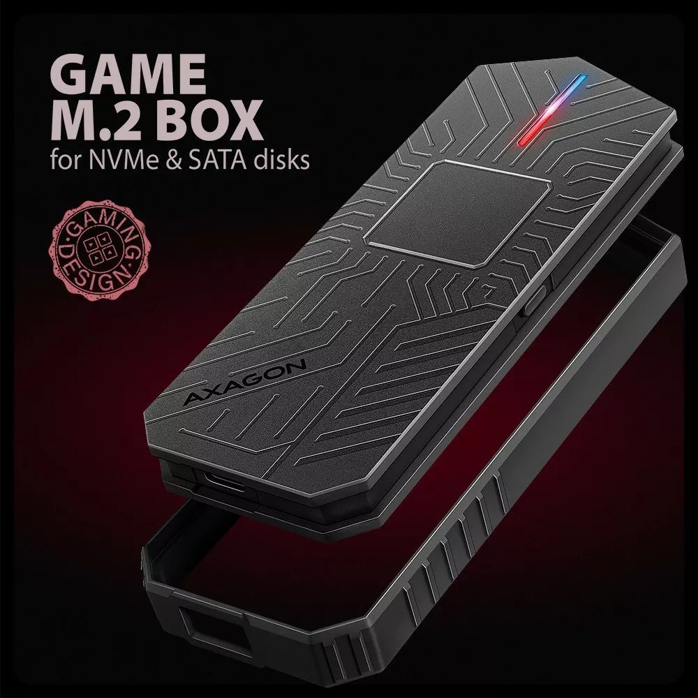 Kuti e jashtme SSD M.2 AXAGON EEM2-GAM, USB-C 3.2 Gen 2, NVMe SATA, e zezë RGB