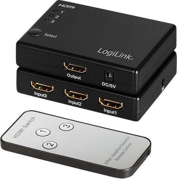 Ndërrues video HDMI LogiLink HD0042, 3 porta, Full HD 1080p, i zi