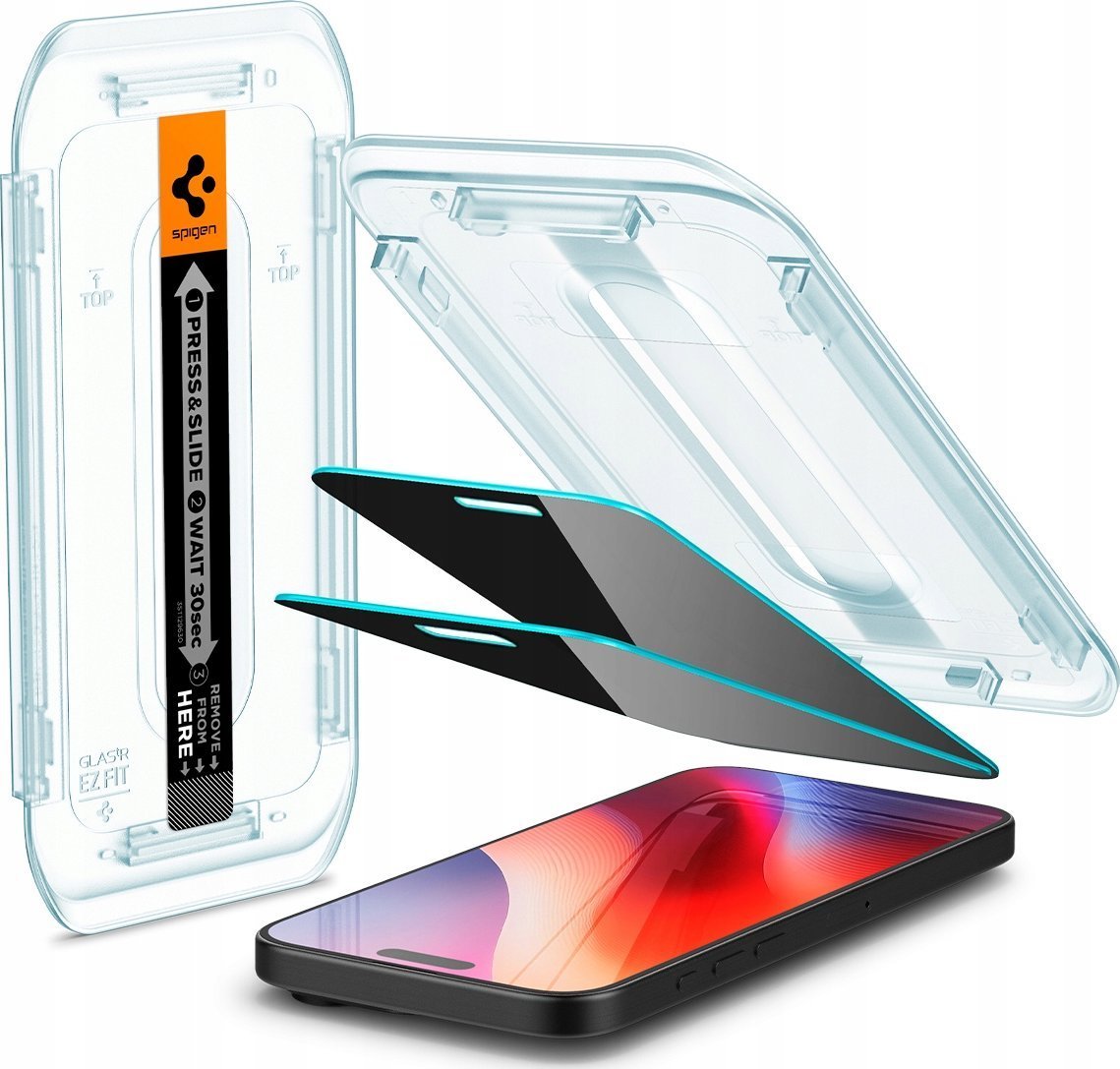 Xham mbrojtës Spigen Glass TR EZ Fit Privacy, 2 copë, për iPhone 16 Pro, transparent