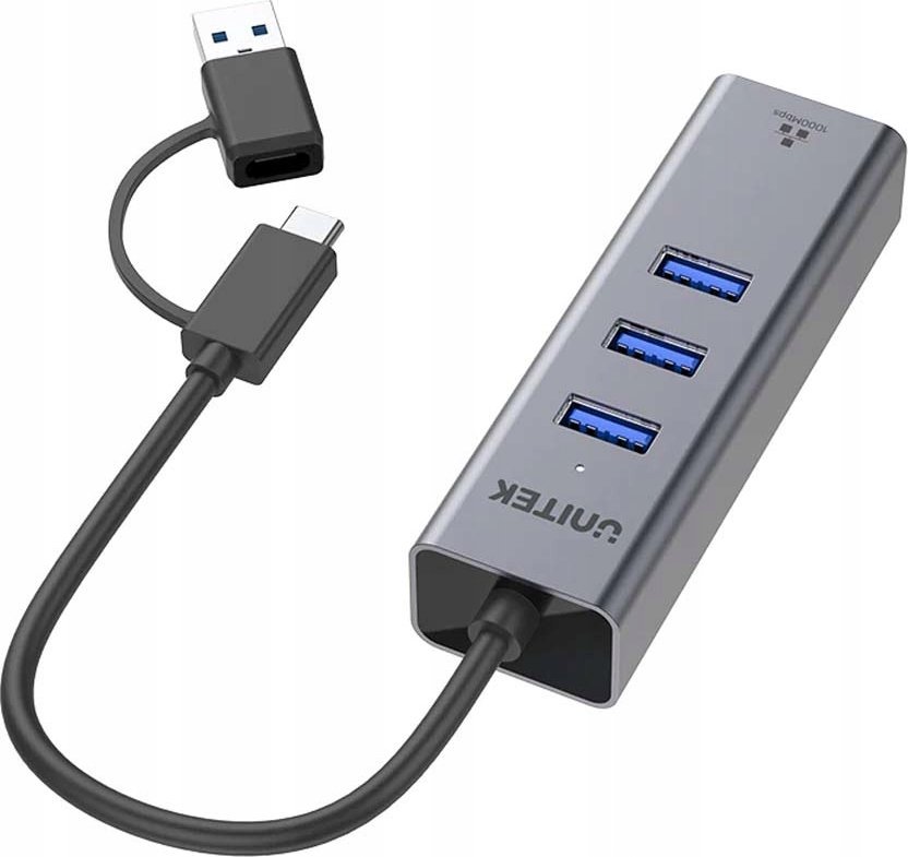 Хаб USB C Unitek 4 во 1, 3x USB A 5 Gbps, Ethernet, сив