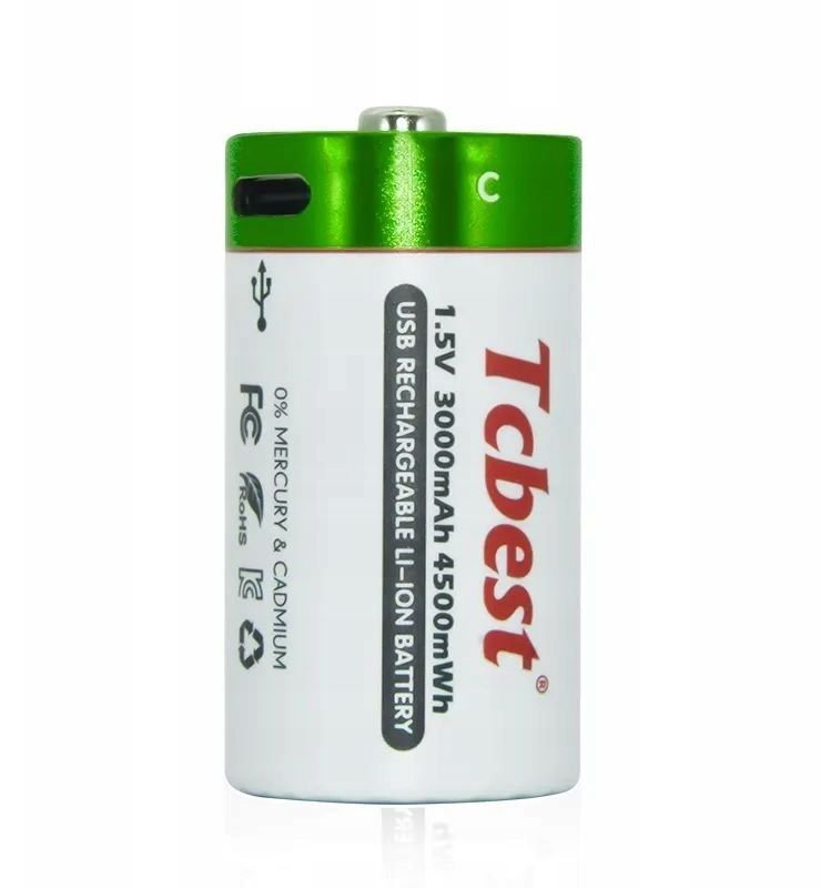 Полначлива Li-ion батерија Tcbest USB-C R14 C, 3000 mAh, USB-C приклучок за полнење, сива