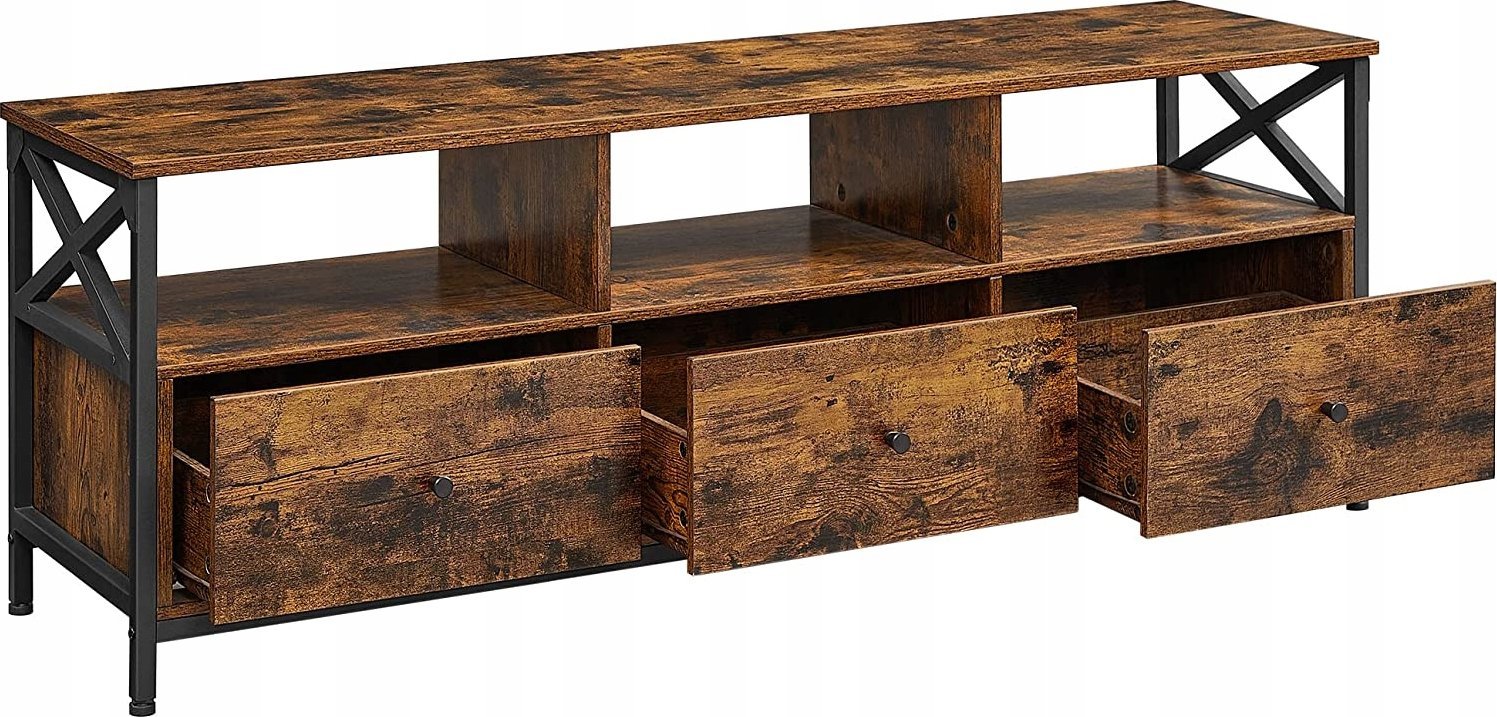 Komodinë TV loft, për TV deri 65", hapësirë magazinimi, kafe rustike