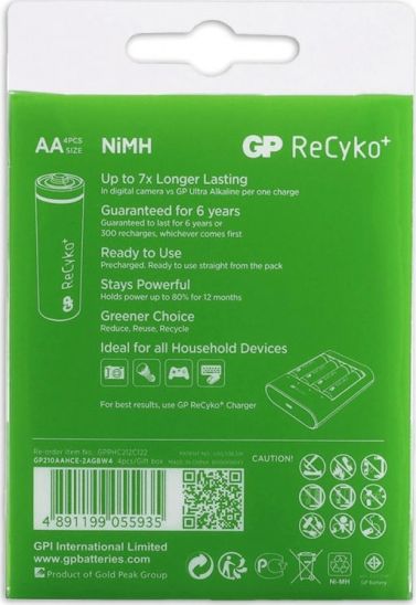 Bateri të rimbushshme GP ReCyko+ AA R6, 2100mAh, paketim 4 copë, jeshile