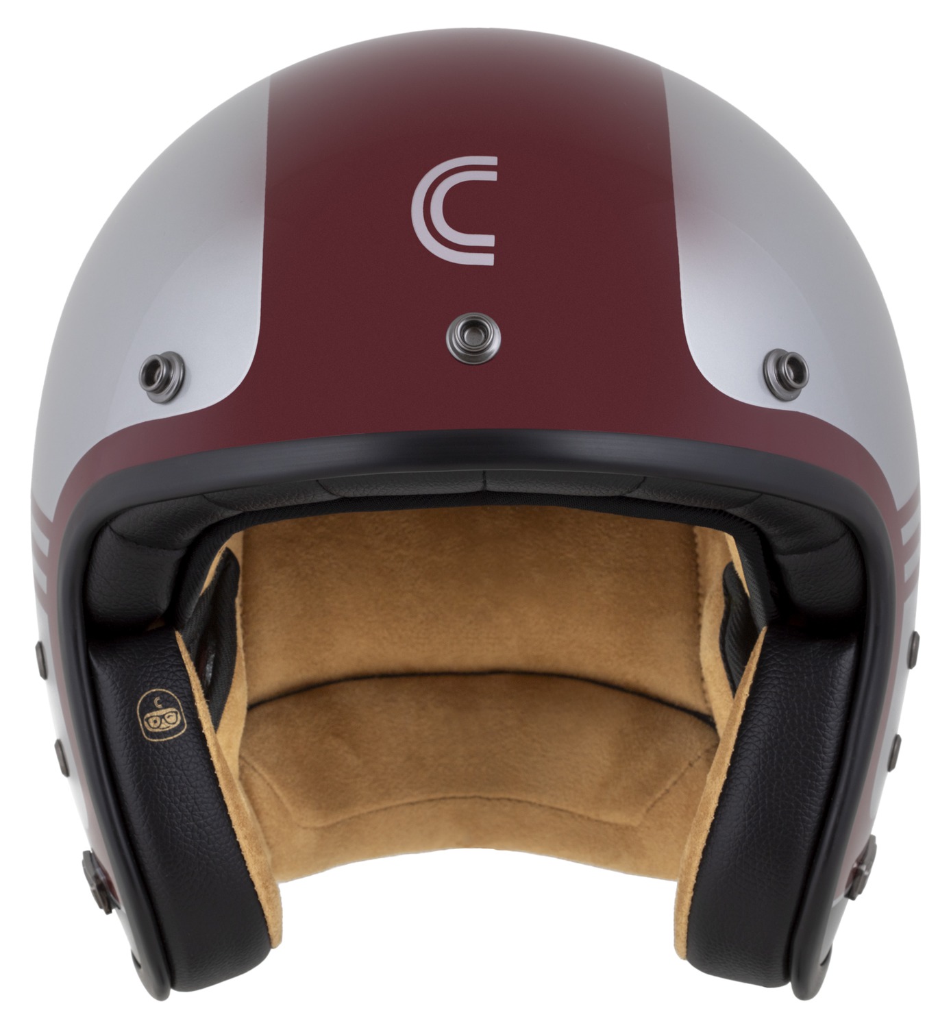 Helmetë moto CASSIDA ESO Jawa Panel 2026, e hapur neo retro, fiberglass, e kuqe argjendtë e zezë