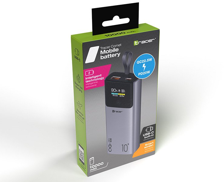 Power bank Tracer Comet, 10000 mAh, PD QC 22.5W, gri