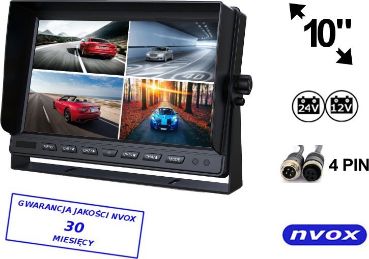 Monitor makine Nvox, 10", për 4 kamera 4PIN, 12V 24V, i zi