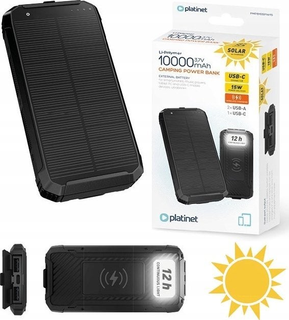 Power bank Platinet 10000mAh, karikim wireless 15W, panel diellor, i zi