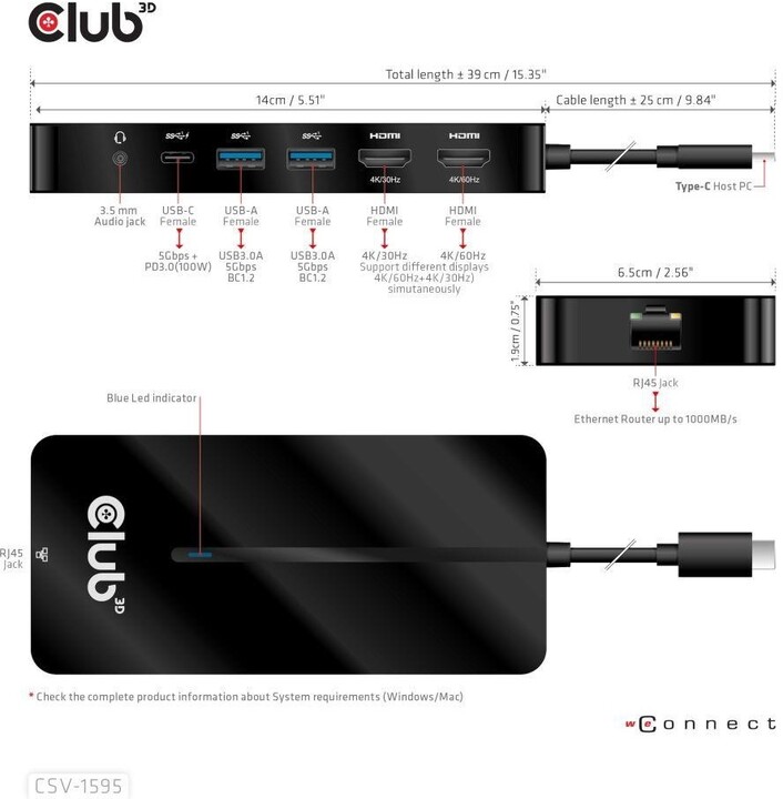 Club3D HUB USB-C 7v1, 2x HDMI, 2x USB-A Gen1, RJ45, 3.5mm jack, SD, PD 100W