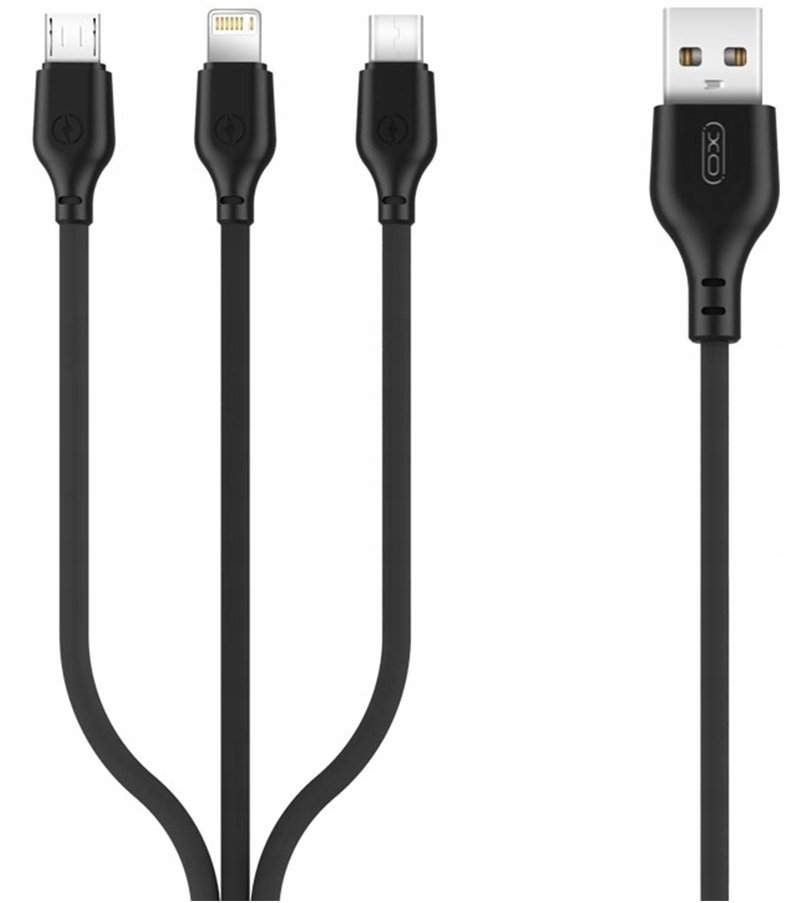 Kabllo karikimi XO NB230 3in1, USB në USB C MicroUSB Lightning, 1m, 2.4A, e zezë