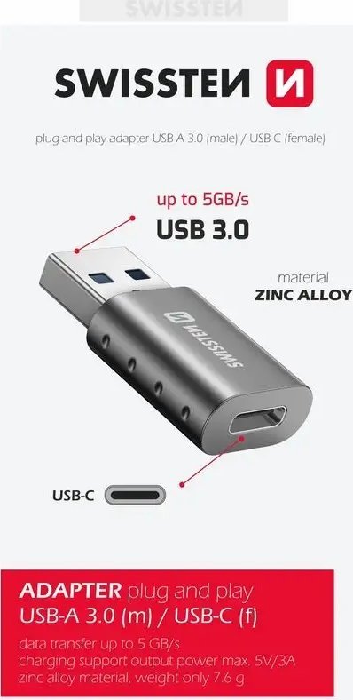 Адаптер USB Swissten, USB 3.0 во USB-C, пренос на податоци и полнење, црн