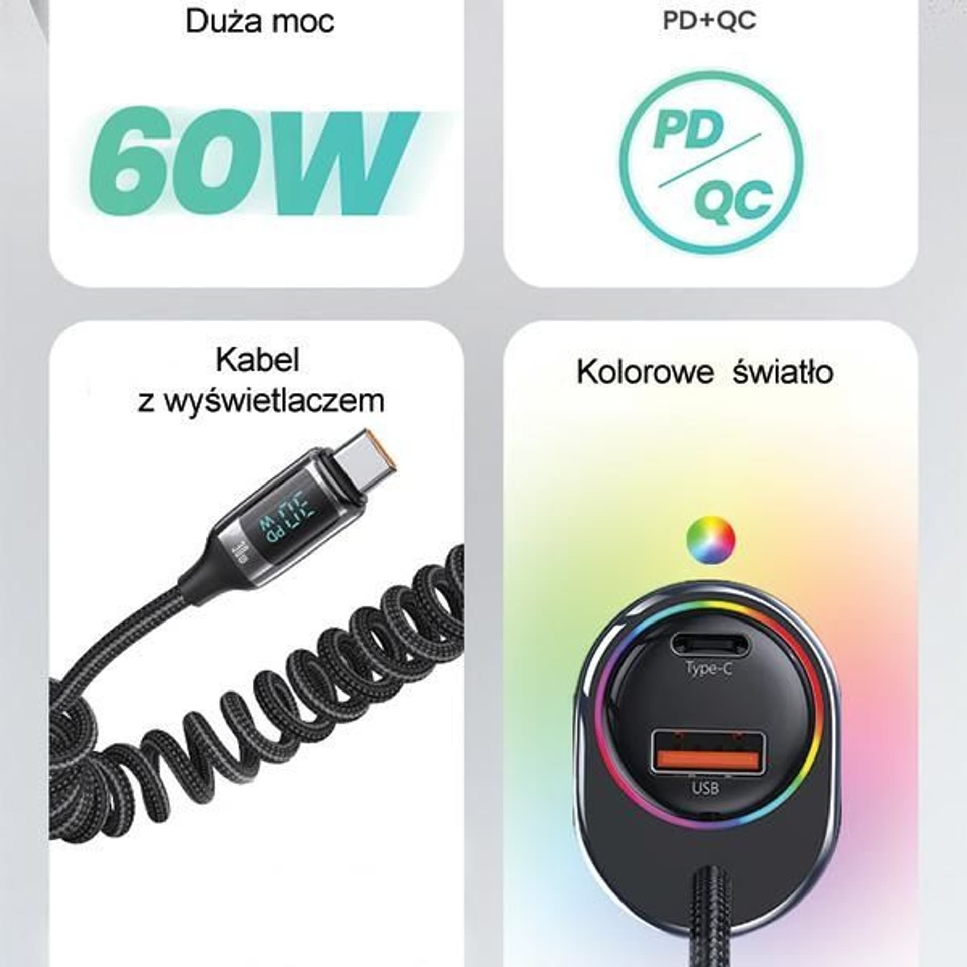 Karikues veture Usams C37, 60W PD QC, 1xUSB 1xUSB C, i zi