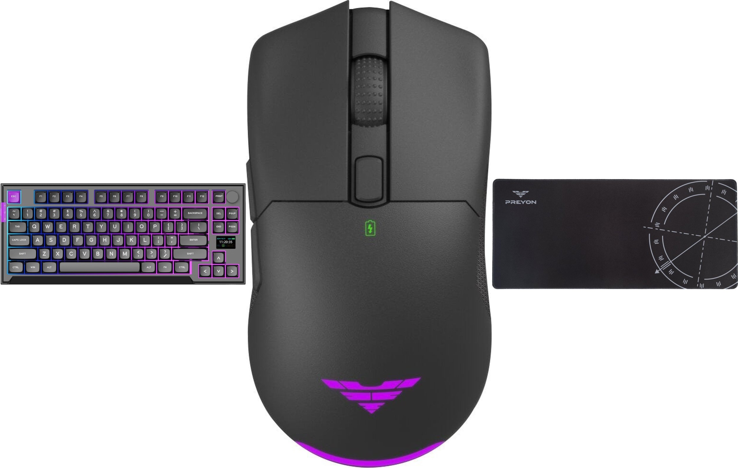 Set gaming PREYON Silent Claw TKL Owl Falcon Speed XL, wireless, RGB, i verdhë