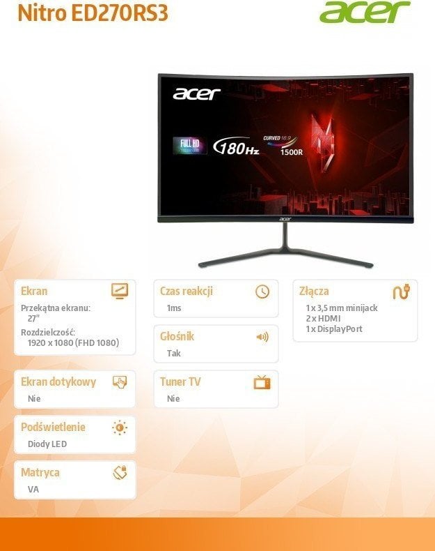 Monitor Acer ED0 ED270R S3, 27", Full HD (1920 x 1080), i zi