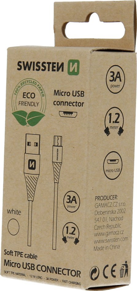Kabllo USB Swissten, USB në Micro USB, 1.2 m, 3A, e bardhë