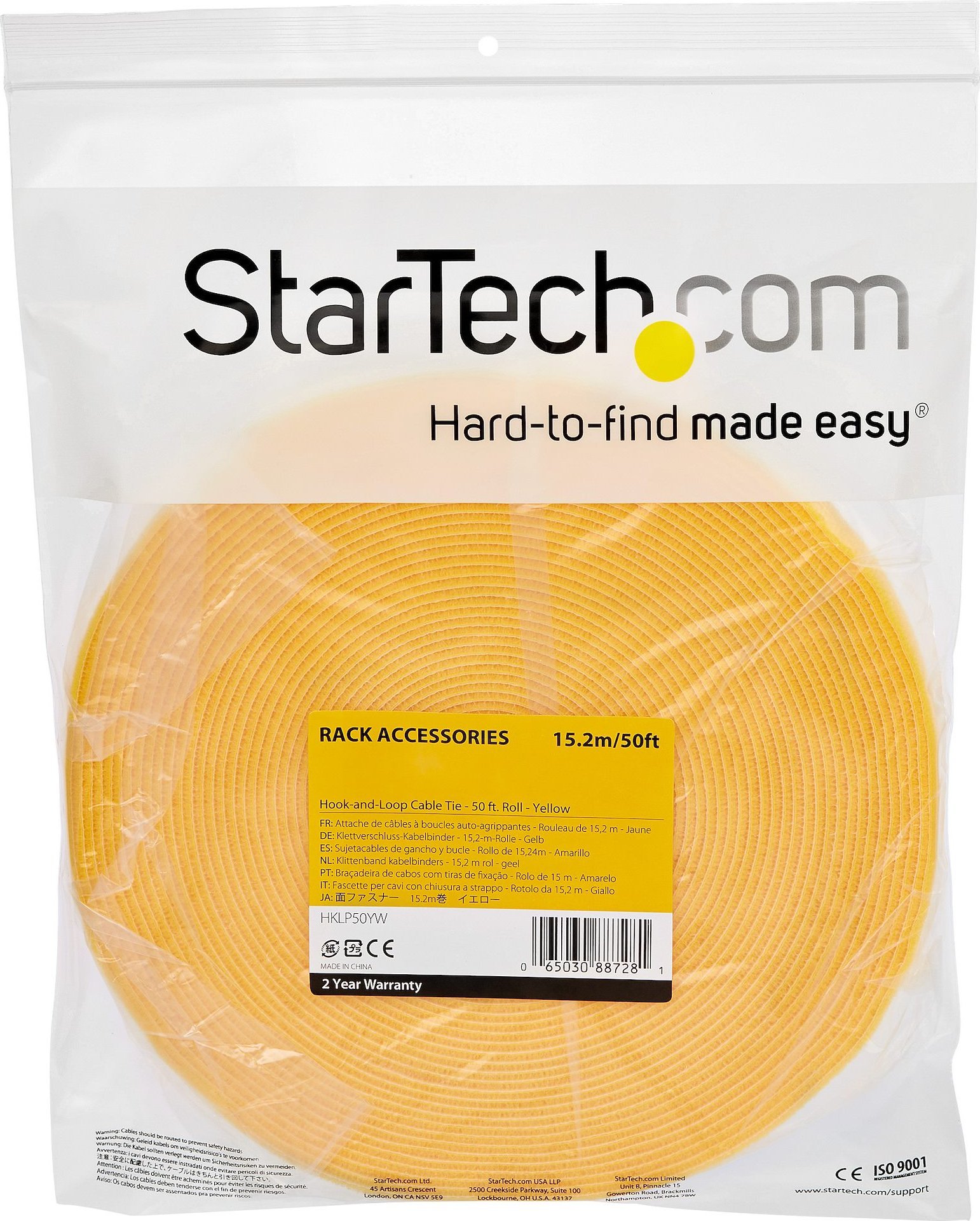 Rrip kabllosh StarTech.com Hook and Loop, 25 ft, i verdhë, i ripërdorshëm