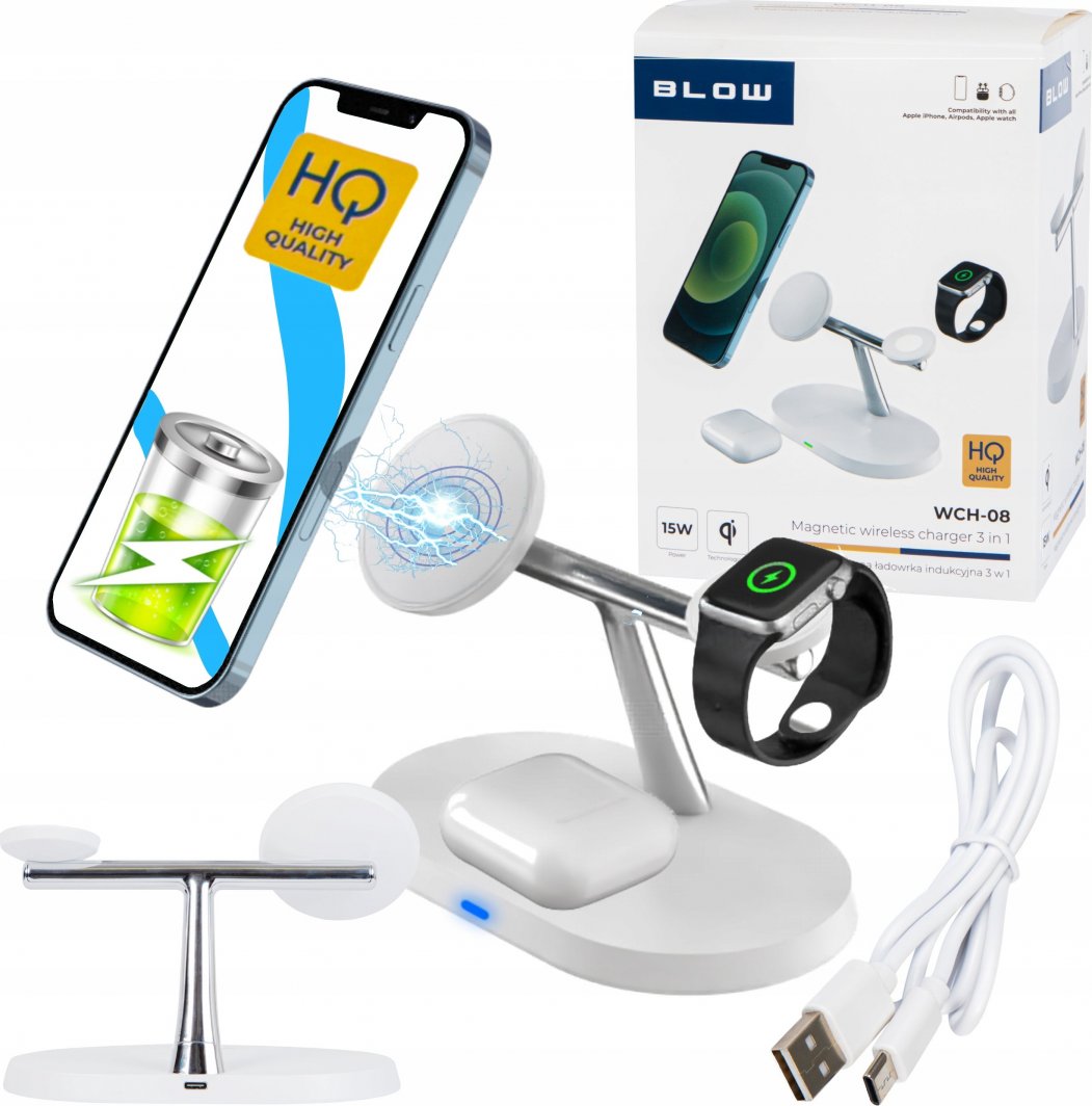 Karikues wireless Blow WCH-08, 15W, 3 në 1, i bardhë