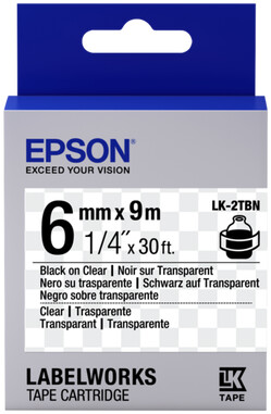 Shirit për printer etiketash Epson LabelWorks LK-2TBN, 6mm, 9m, e zezë/ transparente