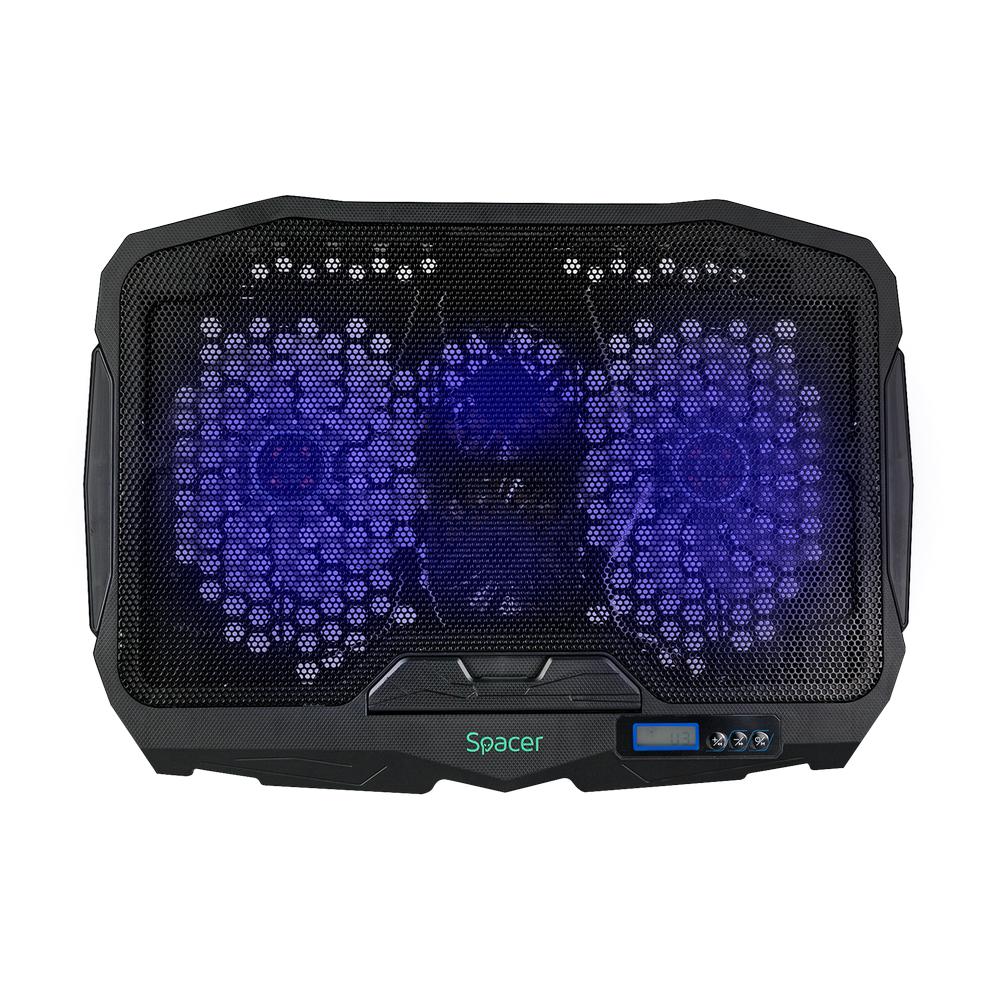Ftohës për laptop Spacer, 17", 4 ventilatorë LED blu, i zi