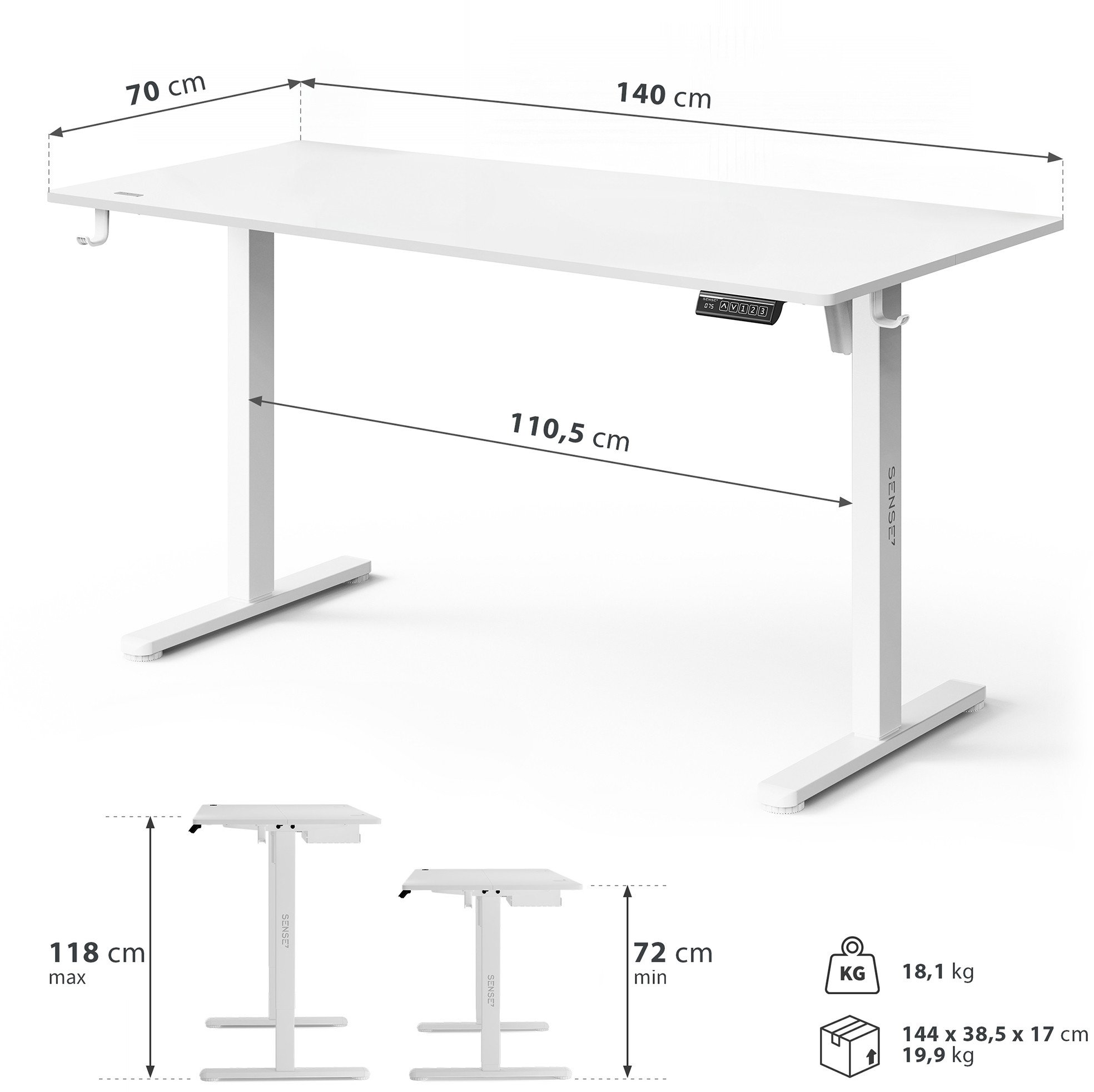 Tavolinë elektrike SENSE7 NOJO LIGHT, 140 x 70 cm, e bardhë