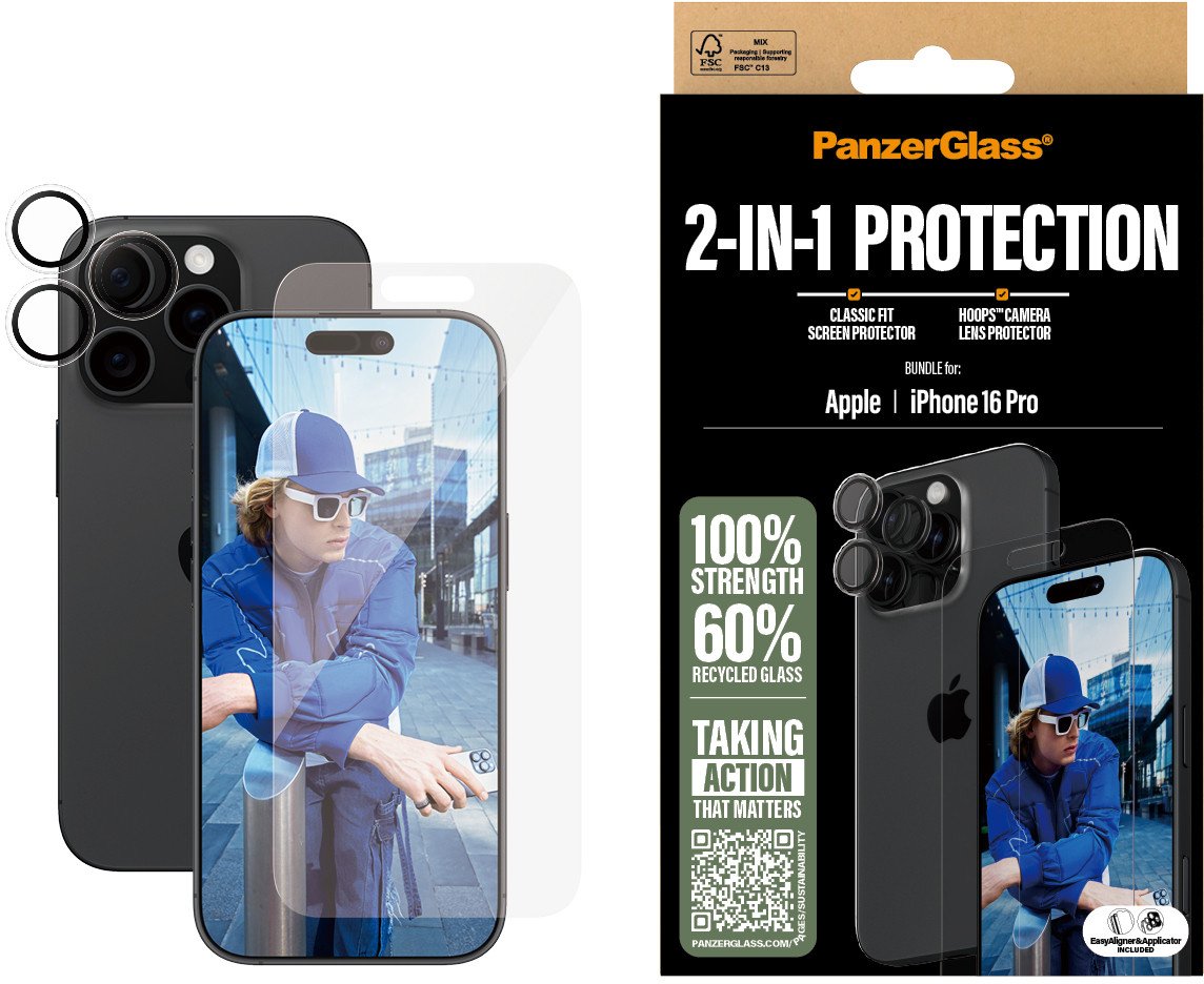 Set mbrojtës PanzerGlass 2 in 1 për iPhone 16 Pro, xham mbrojtës, mbrojtje shtesë transparente
