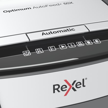 Grirës dokumentesh Rexel Optimum AutoFeed+ 50X, 50 fletë, kosh 20L, gri