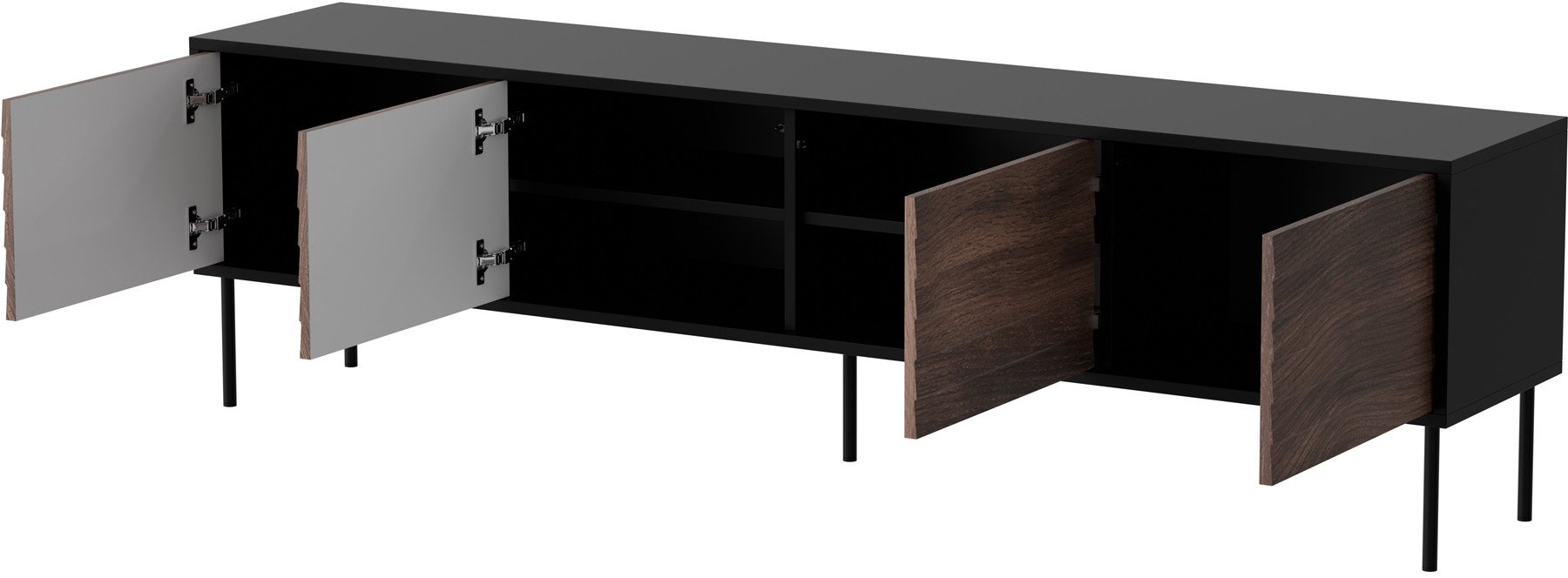 Kabinet TV Cama Meble Cortina 4D, 200x40x55 cm, e zezë dhe walnut