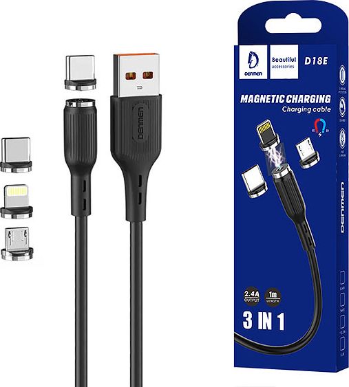 Kabllo USB Denmen 29367, USB A në USB C microUSB Lightning, 1 m, e zezë