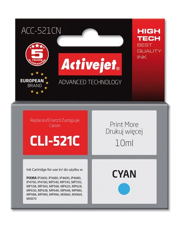 Ngjyrë për printer Activejet ACC-521CN (zëvendësim për Canon CLI-521C), 10 ml, e kaltër