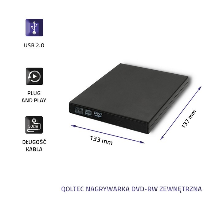 Regjistrues DVD-RW extern Qoltec 51858, USB 2.0, i zi