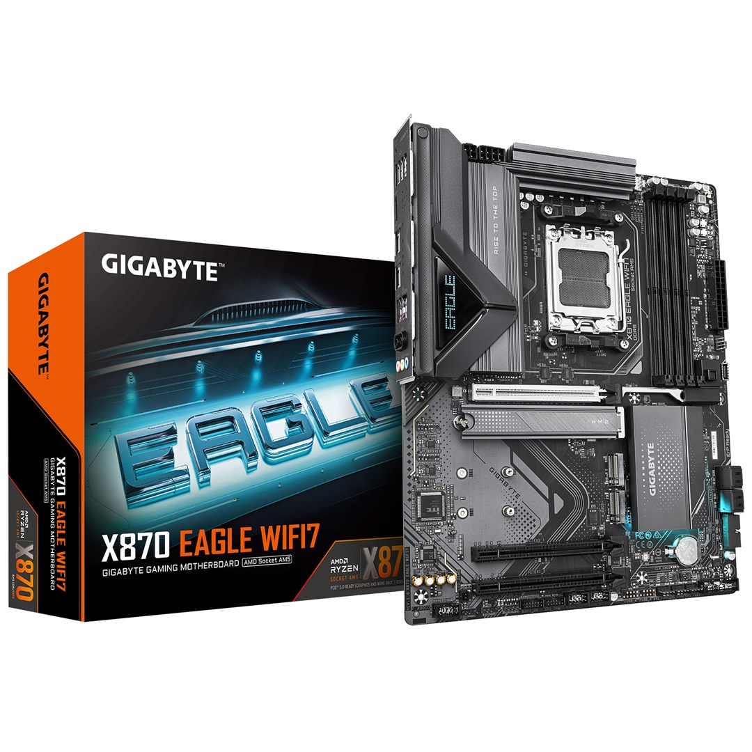 Pllakë amë GIGABYTE X870 EAGLE WIFI7, AMD Ryzen 9000 CPUs, 14+2+2 VRM, 8000MHz DDR5 (OC), 1xPCIe 5.0 + 2xPCIe 4.0, Wi-Fi 7, 2.5GbE LAN, USB 4