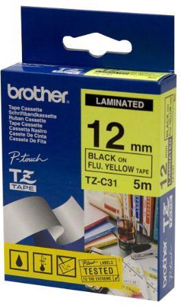 Shirit i laminuar për etiketim Brother TZe‑C31, 12mm x 5m, i zi në të verdhë