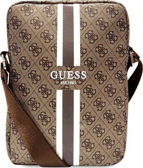 Çantë tablet Guess 4G Stripes, deri 10", material saffiano, kafe