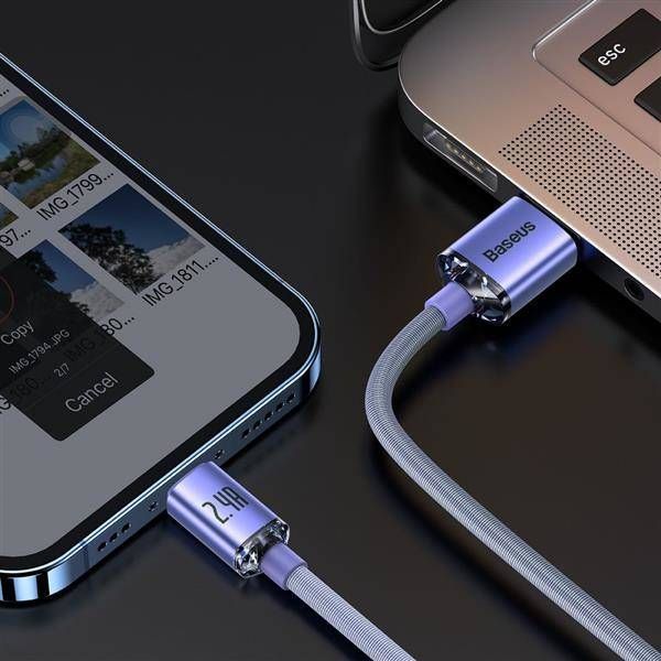 Kabëll Baseus USB-A kabllo USB - Lightning 1,2 m (6932172602703), e vjollcë