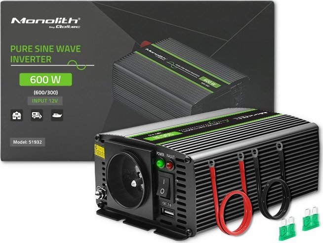 Конвертор на напон Qoltec Monolith 600, 300W, чист синусоиден бран, сива