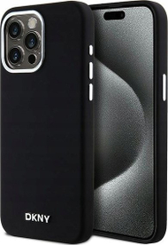 Kapak telefoni DKNY Liquid Silicone Silver Metal Logo MagSafe, për iPhone 15 Pro Max, i zi