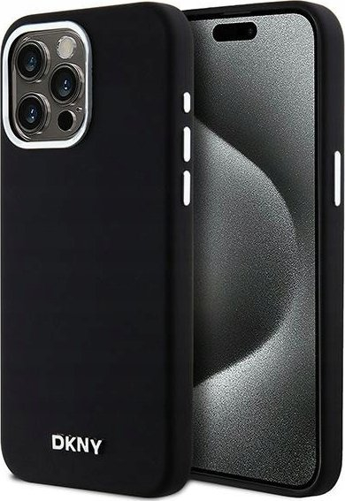 Kapak telefoni DKNY Liquid Silicone Silver Metal Logo MagSafe, për iPhone 15 Pro Max, i zi