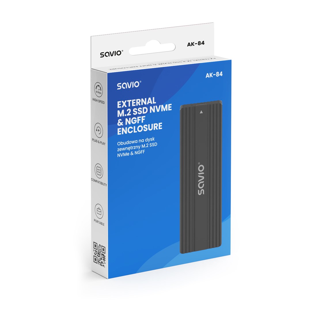 Kuti e jashtme për SSD Savio AK-84, M.2 NVMe SATA, USB 3.1 Gen 2, e zezë
