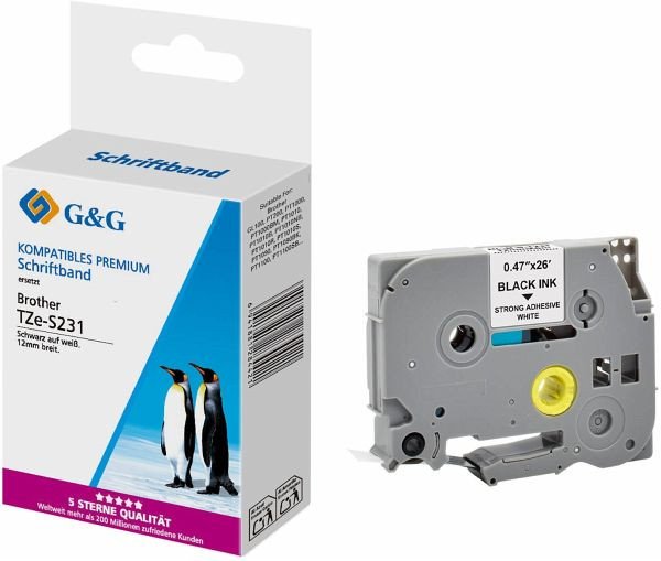 Shirit etiketimi G&amp;G, 12mm, 8m, i bardhë me shkrim të zi